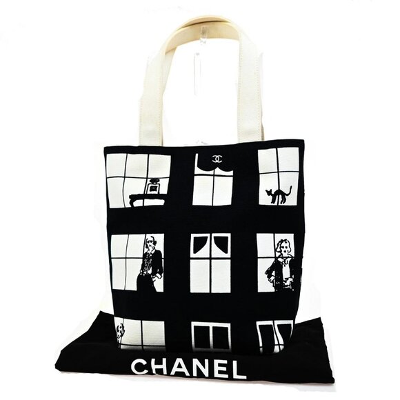 CHANEL CC Logo Windows Line Shoulder Tote Bag Canvas Leather Black Italy 34KA825 - Picture 1 of 16